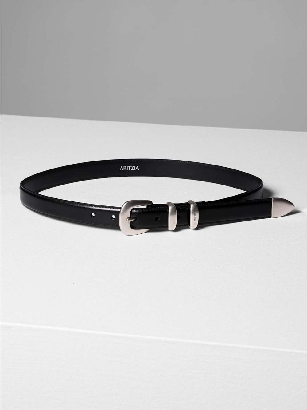 Aritzia Legendary Slim Black Leather Belt with Solid Brass Silver Hardware